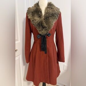 H&M Rust Coat with Faux Fur Collar and Black Bow